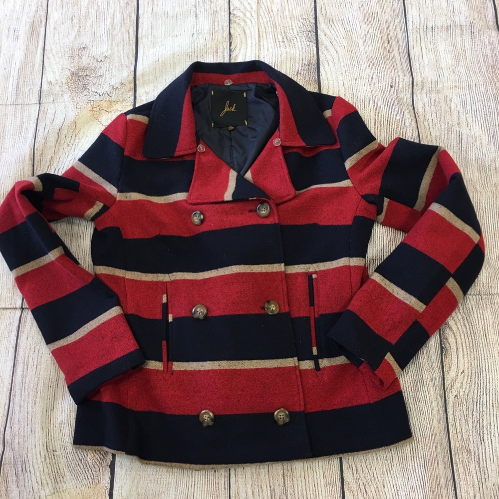 😍 Jack Red Navy Tan Double breasted coat size Small